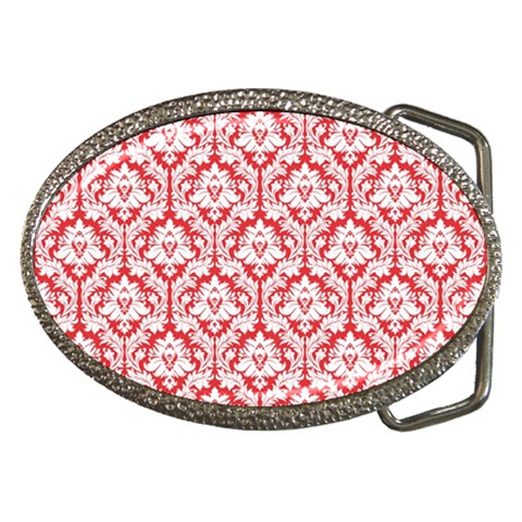 White On Red Damask Belt Buckle (Oval) from ArtsNow.com Front