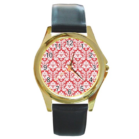 White On Red Damask Round Leather Watch (Gold Rim)  from ArtsNow.com Front