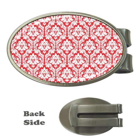 White On Red Damask Money Clip (Oval) from ArtsNow.com Front