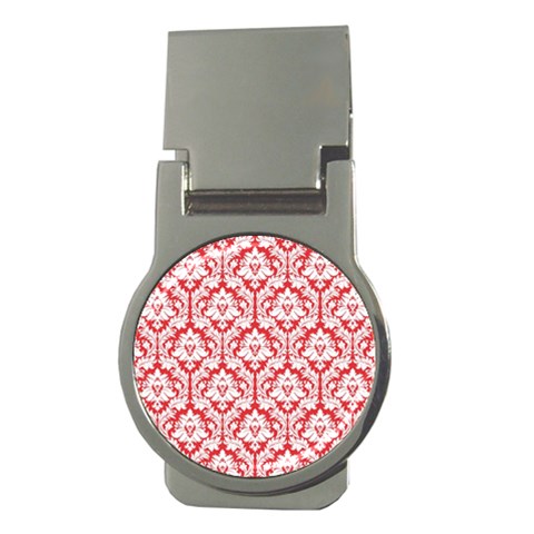 White On Red Damask Money Clip (Round) from ArtsNow.com Front