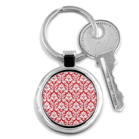 White On Red Damask Key Chain (Round) from ArtsNow.com Front