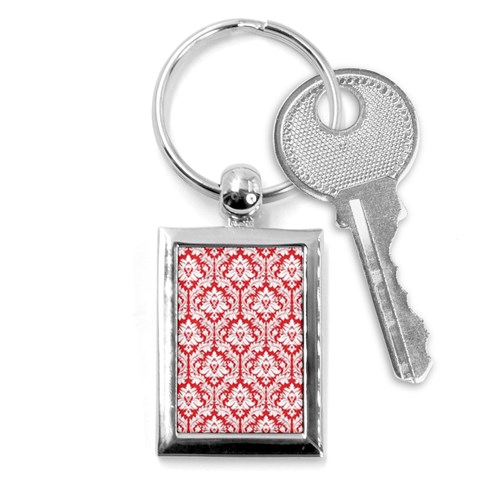 White On Red Damask Key Chain (Rectangle) from ArtsNow.com Front