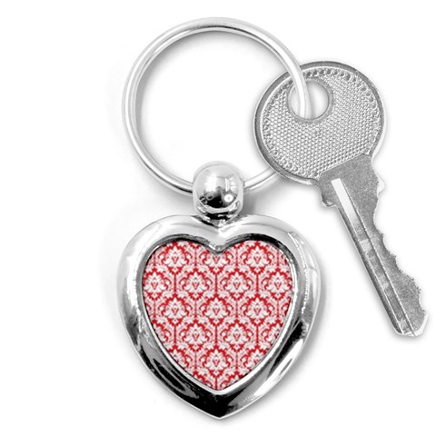 White On Red Damask Key Chain (Heart) from ArtsNow.com Front