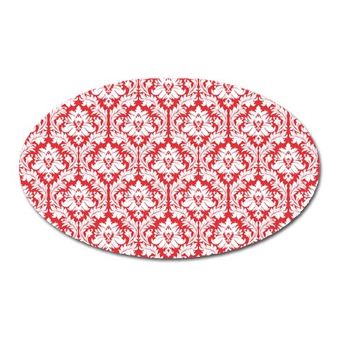 White On Red Damask Magnet (Oval) from ArtsNow.com Front