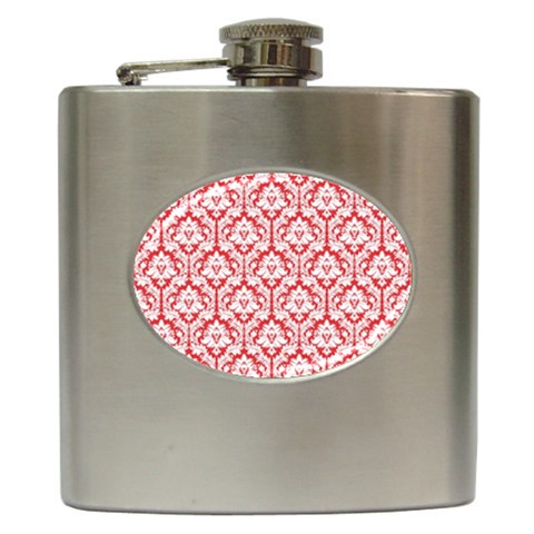 White On Red Damask Hip Flask from ArtsNow.com Front