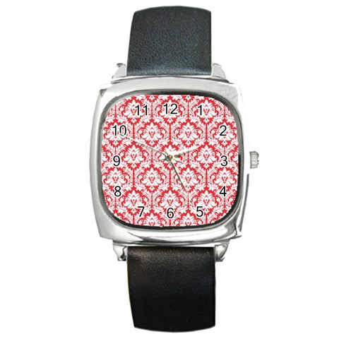 White On Red Damask Square Leather Watch from ArtsNow.com Front