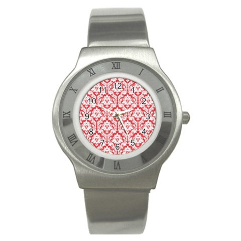 White On Red Damask Stainless Steel Watch (Slim) from ArtsNow.com Front