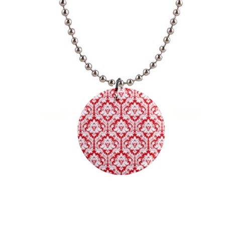 Poppy Red Damask Pattern 1  Button Necklace from ArtsNow.com Front