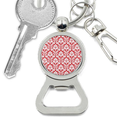 White On Red Damask Bottle Opener Key Chain from ArtsNow.com Front