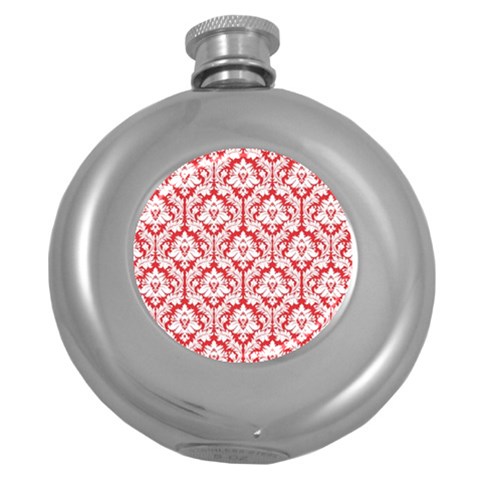 White On Red Damask Hip Flask (Round) from ArtsNow.com Front