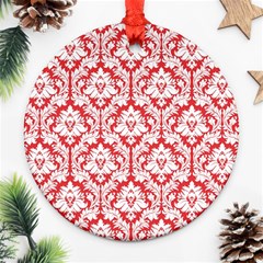 White On Red Damask Round Ornament (Two Sides) from ArtsNow.com Front