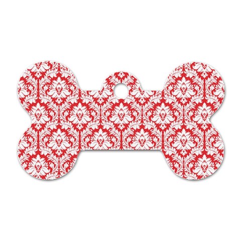 White On Red Damask Dog Tag Bone (One Sided) from ArtsNow.com Front