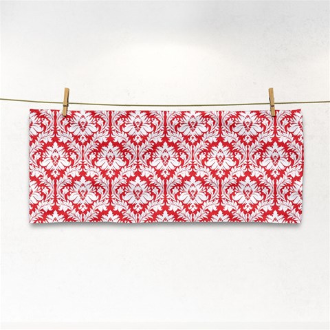 White On Red Damask Hand Towel from ArtsNow.com Front