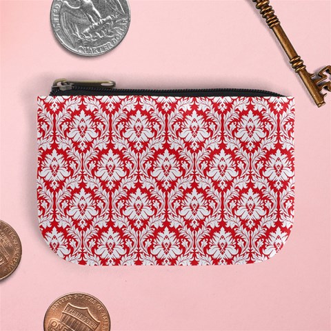 Poppy Red Damask Pattern Mini Coin Purse from ArtsNow.com Front