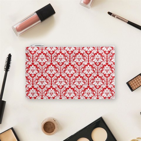 Poppy Red Damask Pattern Cosmetic Bag (Small) from ArtsNow.com Front