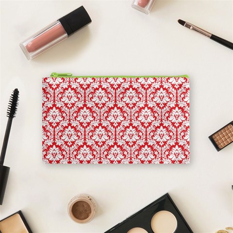 Poppy Red Damask Pattern Cosmetic Bag (Small) from ArtsNow.com Front