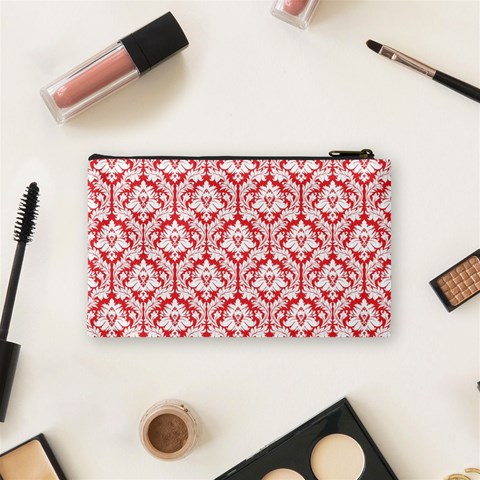 Poppy Red Damask Pattern Cosmetic Bag (Small) from ArtsNow.com Back