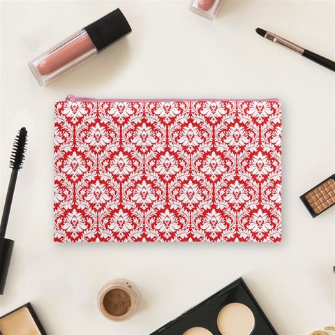 Poppy Red Damask Pattern Cosmetic Bag (Medium) from ArtsNow.com Front