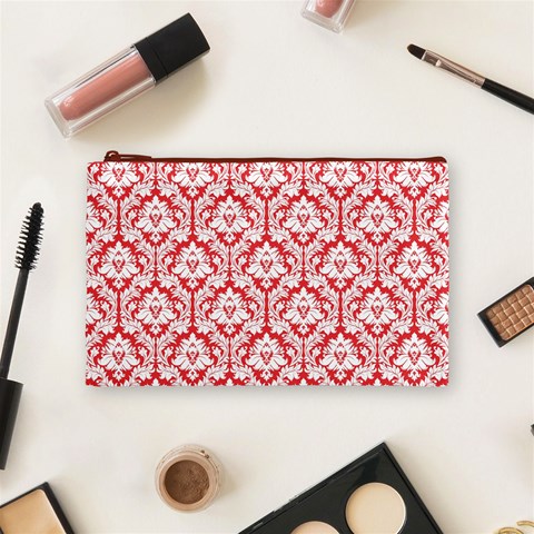 Poppy Red Damask Pattern Cosmetic Bag (Medium) from ArtsNow.com Front