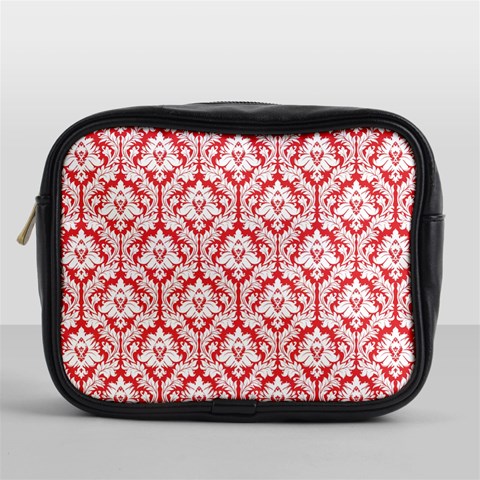 White On Red Damask Mini Travel Toiletry Bag (One Side) from ArtsNow.com Front