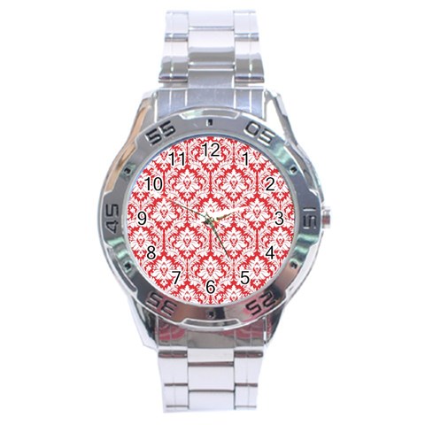 White On Red Damask Stainless Steel Watch from ArtsNow.com Front