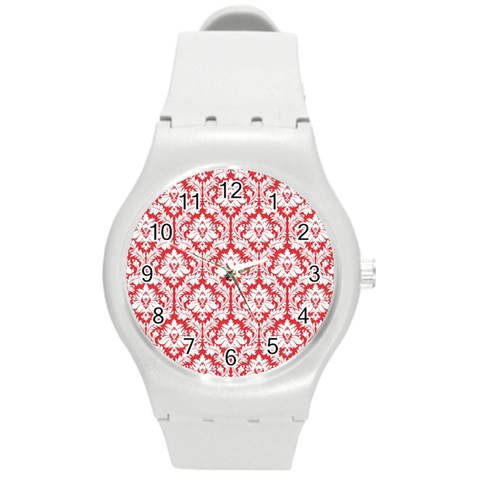 White On Red Damask Plastic Sport Watch (Medium) from ArtsNow.com Front