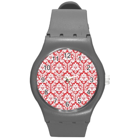 White On Red Damask Plastic Sport Watch (Medium) from ArtsNow.com Front