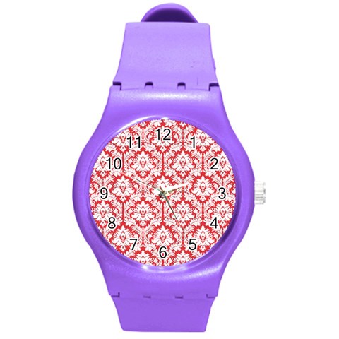 White On Red Damask Plastic Sport Watch (Medium) from ArtsNow.com Front