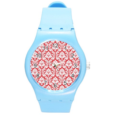 White On Red Damask Plastic Sport Watch (Medium) from ArtsNow.com Front