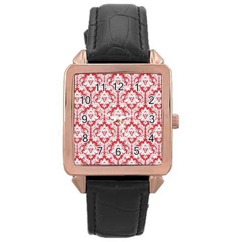 White On Red Damask Rose Gold Leather Watch  from ArtsNow.com Front