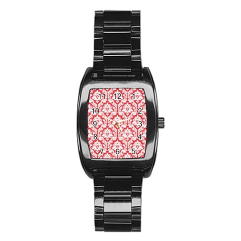 White On Red Damask Stainless Steel Barrel Watch from ArtsNow.com Front