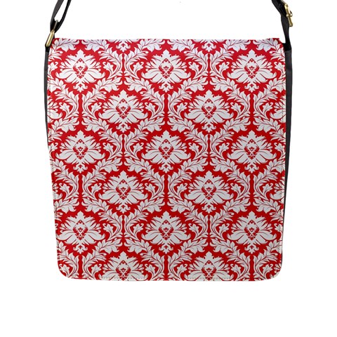 Poppy Red Damask Pattern Flap Closure Messenger Bag (L) from ArtsNow.com Front