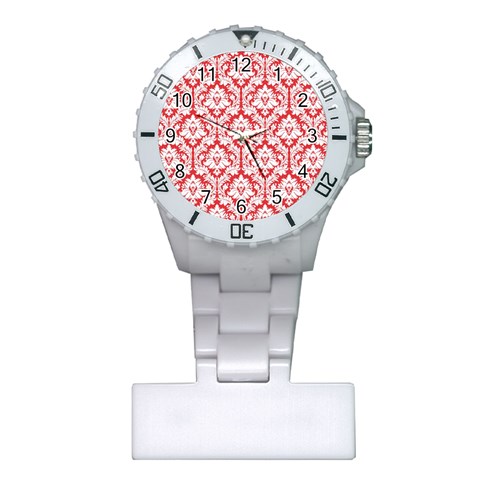 White On Red Damask Nurses Watch from ArtsNow.com Front