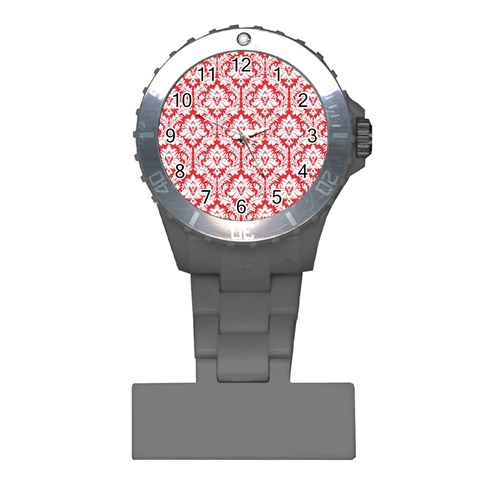 White On Red Damask Nurses Watch from ArtsNow.com Front