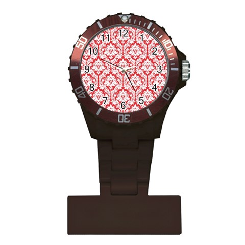 White On Red Damask Nurses Watch from ArtsNow.com Front