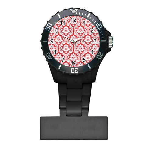 White On Red Damask Nurses Watch from ArtsNow.com Front