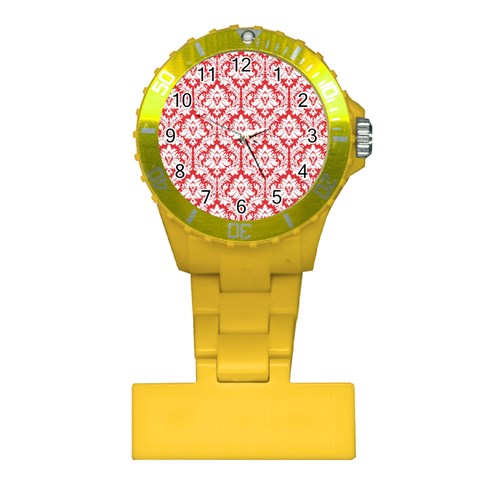 White On Red Damask Nurses Watch from ArtsNow.com Front