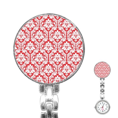 White On Red Damask Stainless Steel Nurses Watch from ArtsNow.com Front