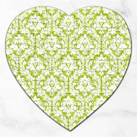 White On Spring Green Damask Jigsaw Puzzle (Heart) from ArtsNow.com Front