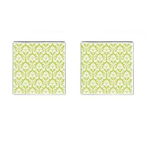 White On Spring Green Damask Cufflinks (Square) from ArtsNow.com Front(Pair)