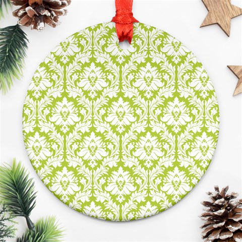 White On Spring Green Damask Round Ornament (Two Sides) from ArtsNow.com Back