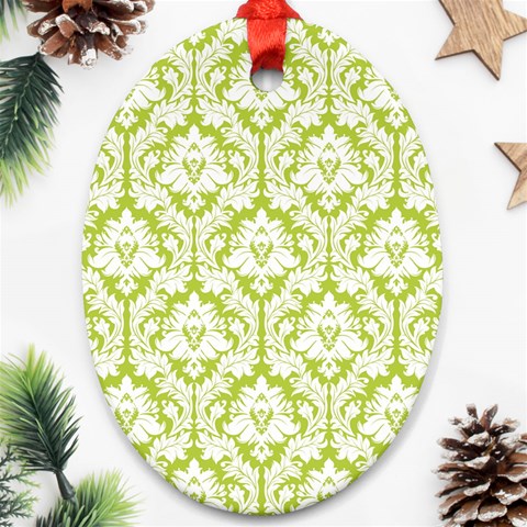 White On Spring Green Damask Oval Ornament (Two Sides) from ArtsNow.com Back