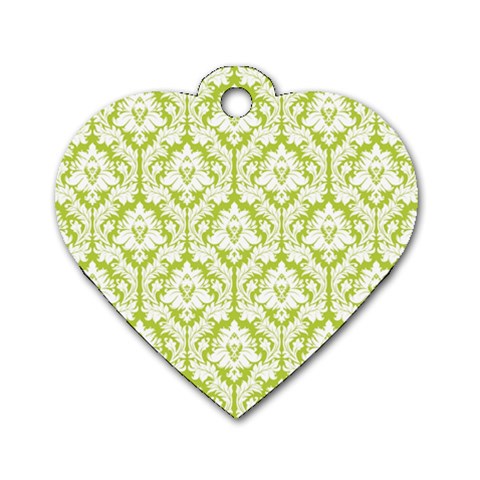 White On Spring Green Damask Dog Tag Heart (Two Sided) from ArtsNow.com Front