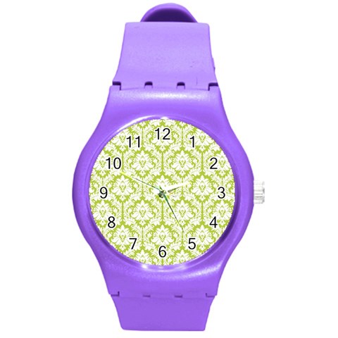 White On Spring Green Damask Plastic Sport Watch (Medium) from ArtsNow.com Front