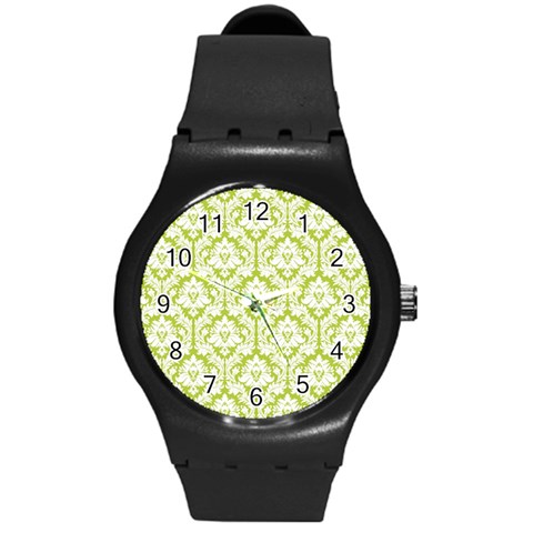 White On Spring Green Damask Plastic Sport Watch (Medium) from ArtsNow.com Front