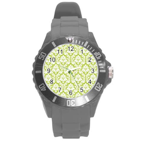 White On Spring Green Damask Plastic Sport Watch (Large) from ArtsNow.com Front