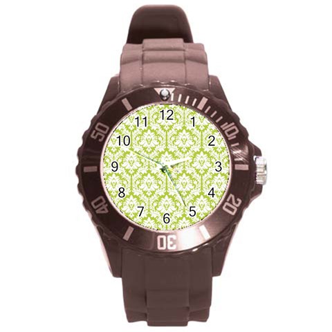 White On Spring Green Damask Plastic Sport Watch (Large) from ArtsNow.com Front