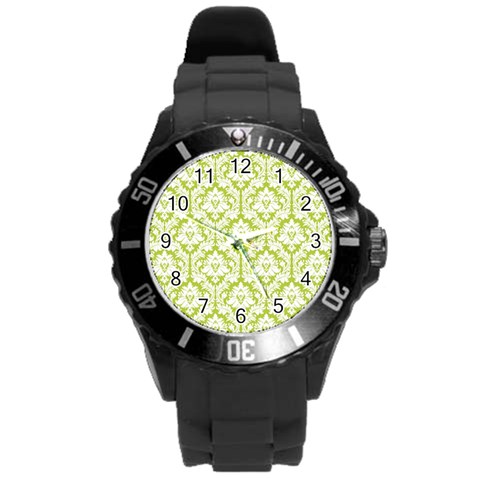 White On Spring Green Damask Plastic Sport Watch (Large) from ArtsNow.com Front