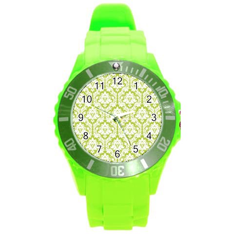 White On Spring Green Damask Plastic Sport Watch (Large) from ArtsNow.com Front