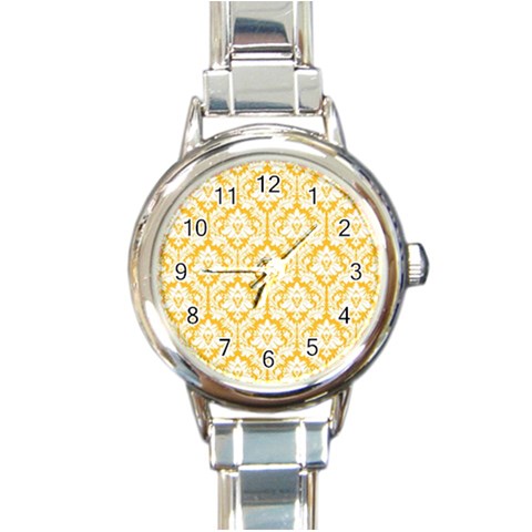 White On Sunny Yellow Damask Round Italian Charm Watch from ArtsNow.com Front